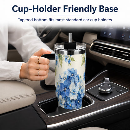 #pl[40oz|Black] Blue Hydrangea 40oz Tumbler with Handle, Watercolor Floral Cup