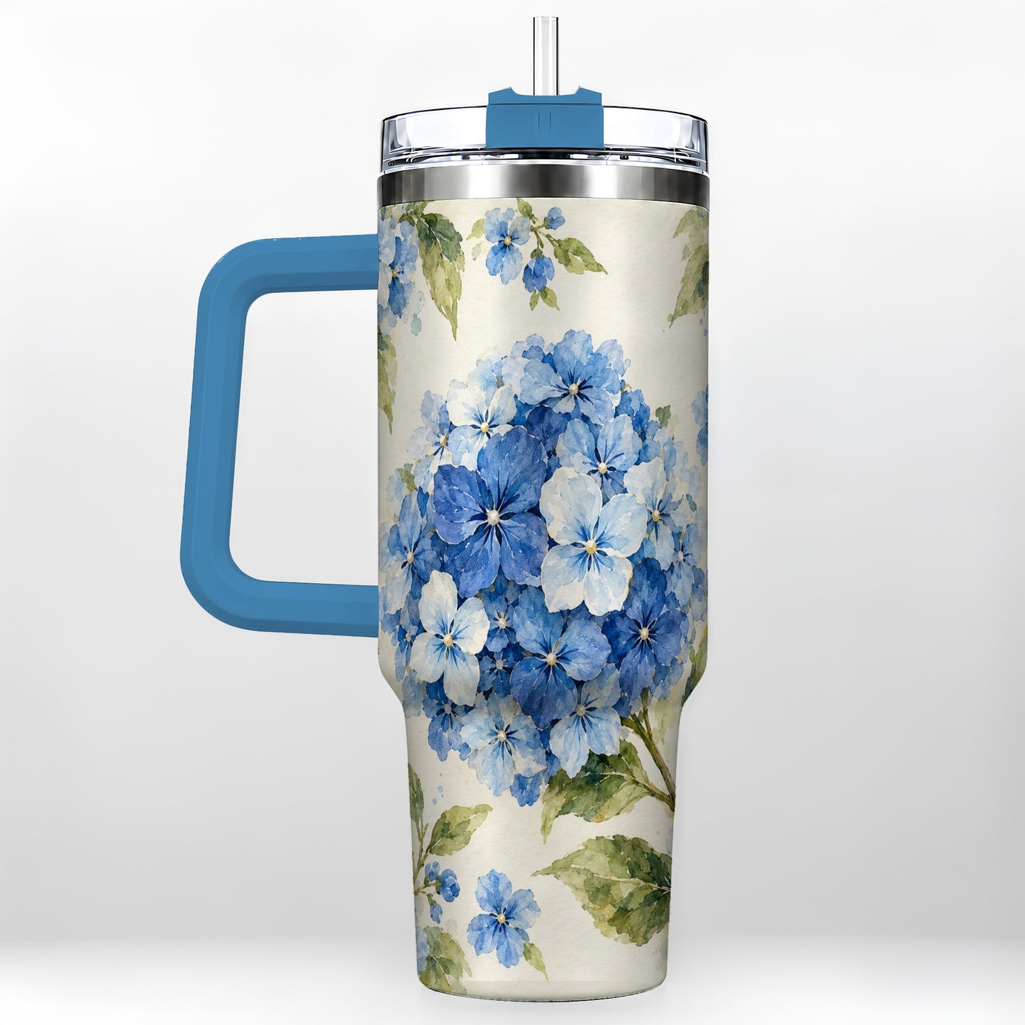#pl[40oz|Blue] Blue Hydrangea 40oz Tumbler with Handle, Watercolor Floral Cup