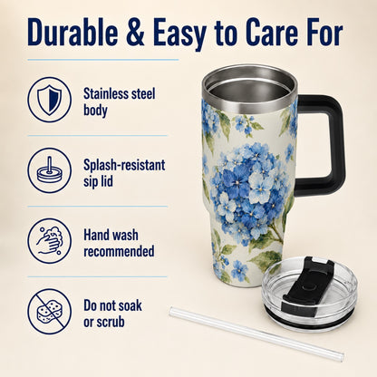 #pl[40oz|Black] Blue Hydrangea 40oz Tumbler with Handle, Watercolor Floral Cup
