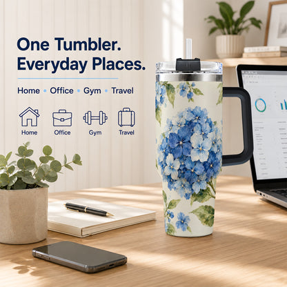 #pl[40oz|Black] Blue Hydrangea 40oz Tumbler with Handle, Watercolor Floral Cup