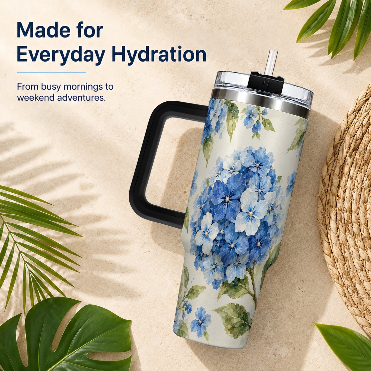 #pl[40oz|Black] Blue Hydrangea 40oz Tumbler with Handle, Watercolor Floral Cup