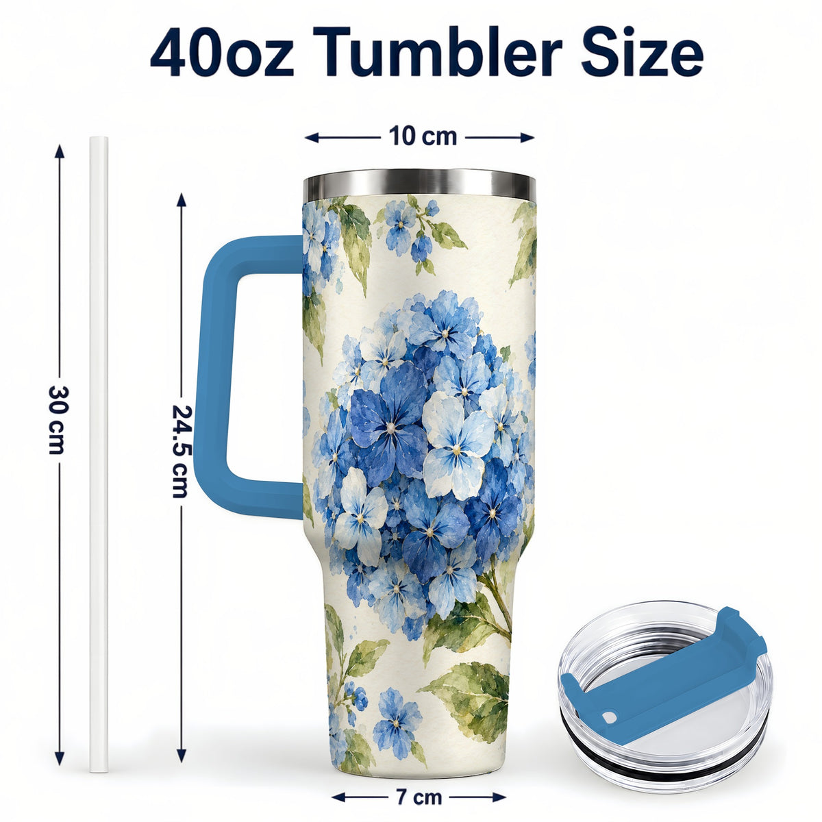 #pl[40oz|Blue] Blue Hydrangea 40oz Tumbler with Handle, Watercolor Floral Cup
