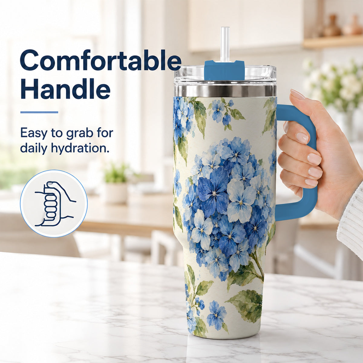 #pl[40oz|Blue] Blue Hydrangea 40oz Tumbler with Handle, Watercolor Floral Cup