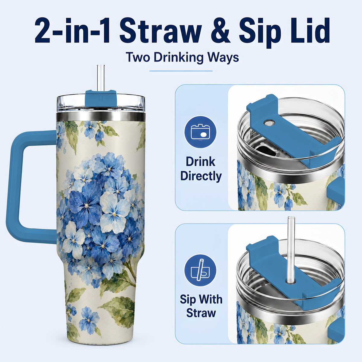 #pl[40oz|Blue] Blue Hydrangea 40oz Tumbler with Handle, Watercolor Floral Cup