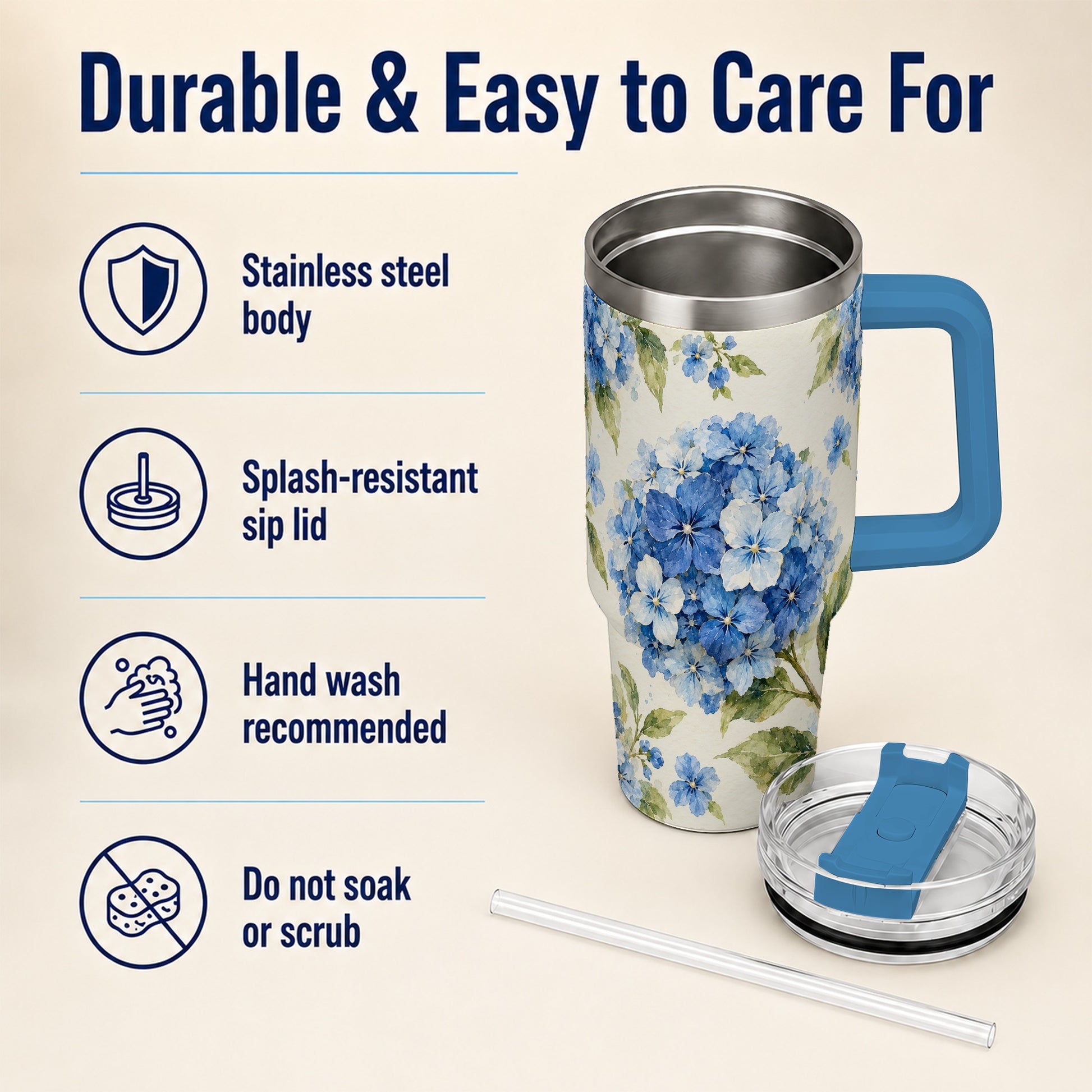 #pl[40oz|Blue] Blue Hydrangea 40oz Tumbler with Handle, Watercolor Floral Cup