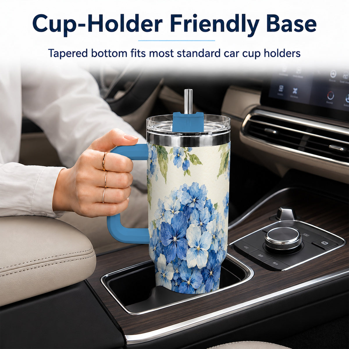 #pl[40oz|Blue] Blue Hydrangea 40oz Tumbler with Handle, Watercolor Floral Cup