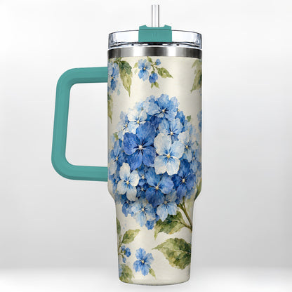 #pl[40oz|Green] Blue Hydrangea 40oz Tumbler with Handle, Watercolor Floral Cup