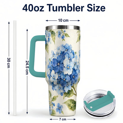 #pl[40oz|Green] Blue Hydrangea 40oz Tumbler with Handle, Watercolor Floral Cup