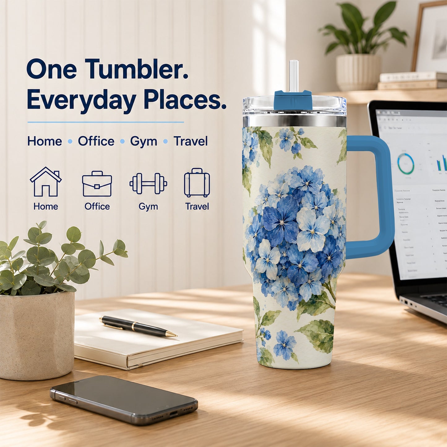 #pl[40oz|Blue] Blue Hydrangea 40oz Tumbler with Handle, Watercolor Floral Cup