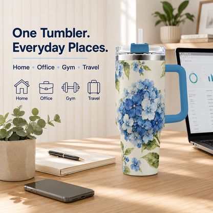 #pl[40oz|Blue] Blue Hydrangea 40oz Tumbler with Handle, Watercolor Floral Cup