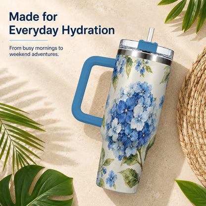 #pl[40oz|Blue] Blue Hydrangea 40oz Tumbler with Handle, Watercolor Floral Cup
