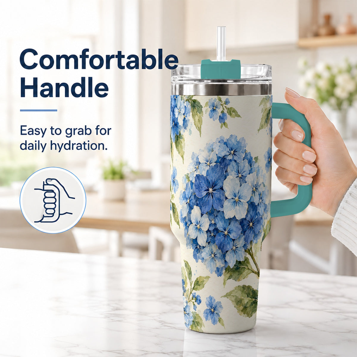 #pl[40oz|Green] Blue Hydrangea 40oz Tumbler with Handle, Watercolor Floral Cup