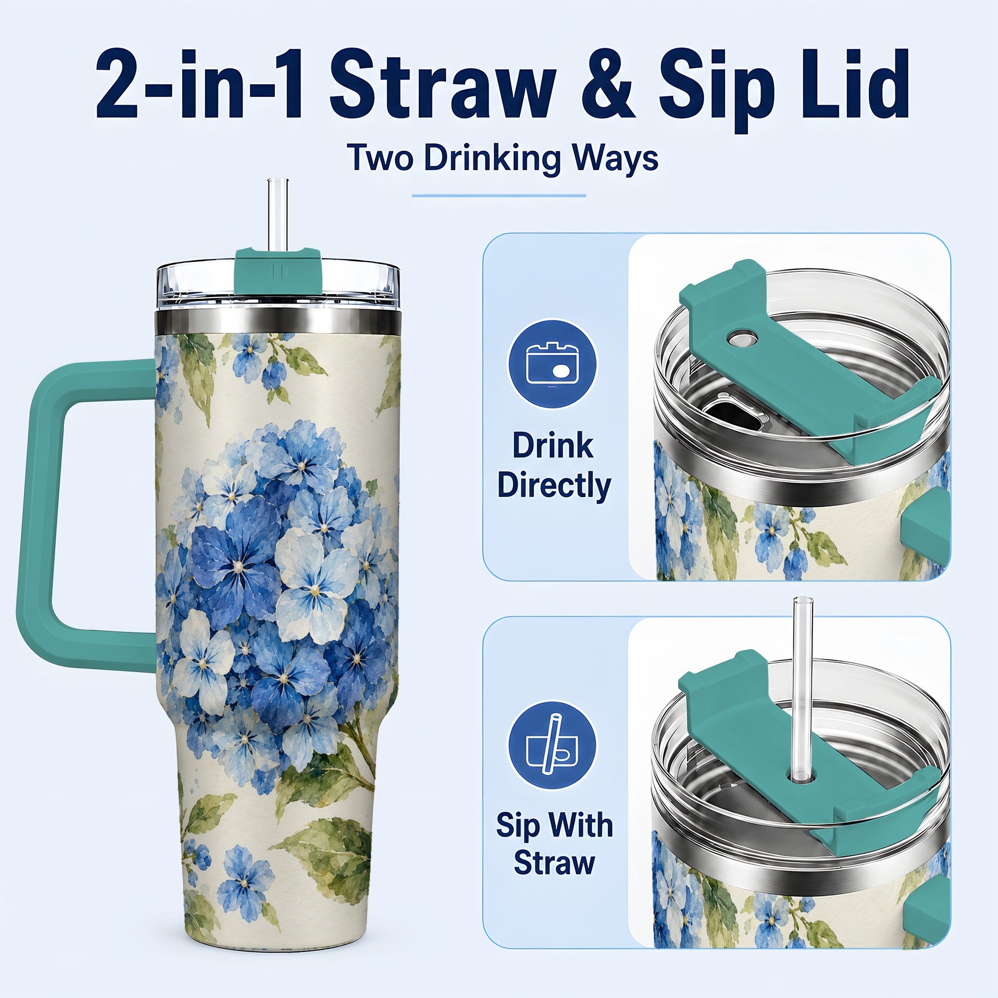 #pl[40oz|Green] Blue Hydrangea 40oz Tumbler with Handle, Watercolor Floral Cup