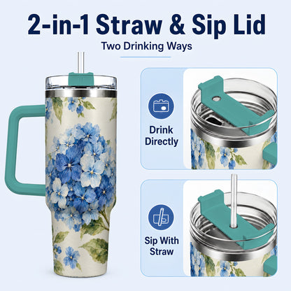 #pl[40oz|Green] Blue Hydrangea 40oz Tumbler with Handle, Watercolor Floral Cup