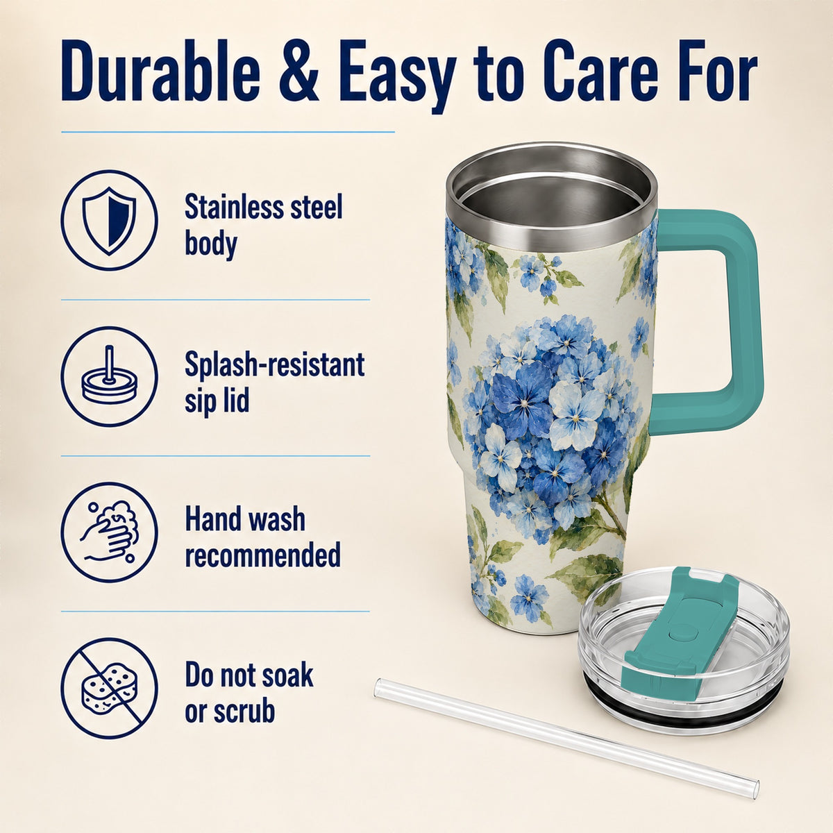#pl[40oz|Green] Blue Hydrangea 40oz Tumbler with Handle, Watercolor Floral Cup