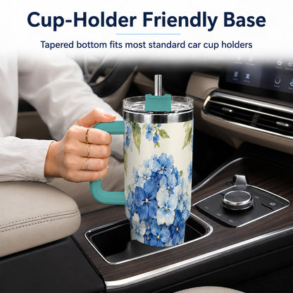 #pl[40oz|Green] Blue Hydrangea 40oz Tumbler with Handle, Watercolor Floral Cup