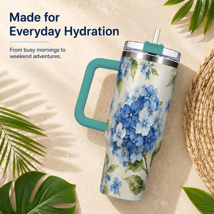 #pl[40oz|Green] Blue Hydrangea 40oz Tumbler with Handle, Watercolor Floral Cup