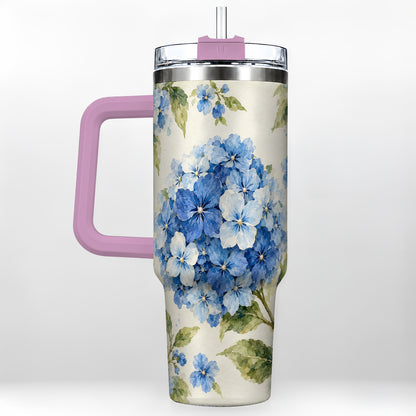 #pl[40oz|Pink] Blue Hydrangea 40oz Tumbler with Handle, Watercolor Floral Cup