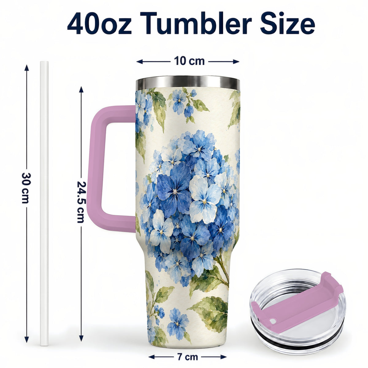 #pl[40oz|Pink] Blue Hydrangea 40oz Tumbler with Handle, Watercolor Floral Cup