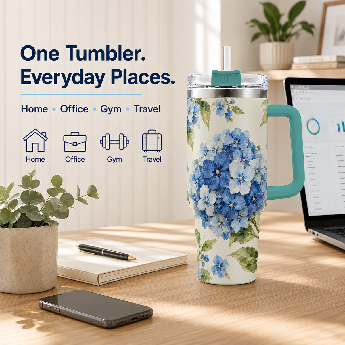 #pl[40oz|Green] Blue Hydrangea 40oz Tumbler with Handle, Watercolor Floral Cup