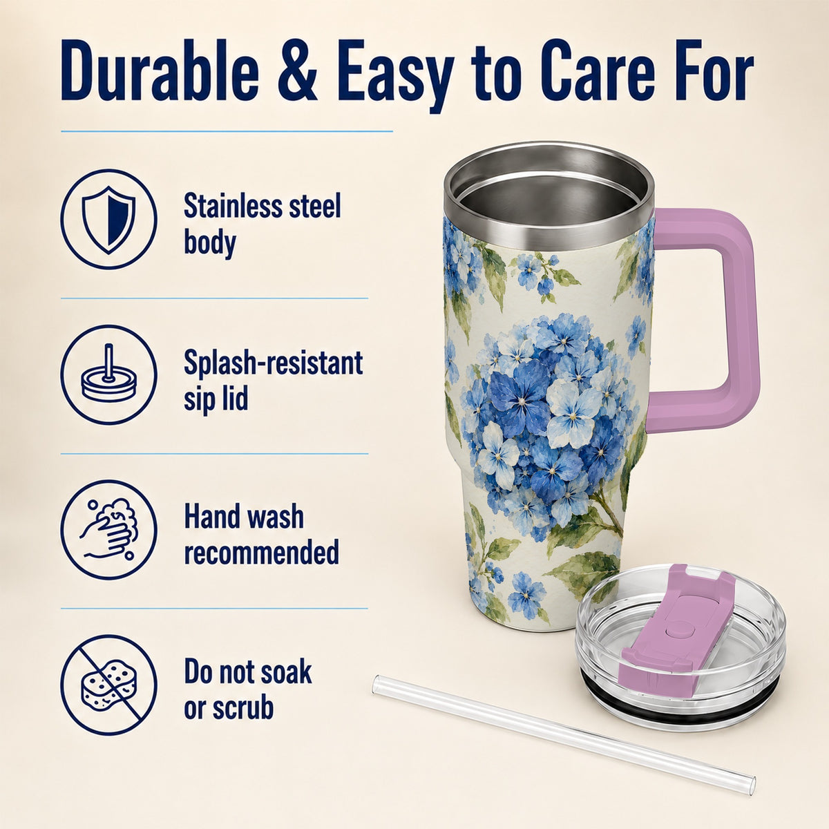 #pl[40oz|Pink] Blue Hydrangea 40oz Tumbler with Handle, Watercolor Floral Cup