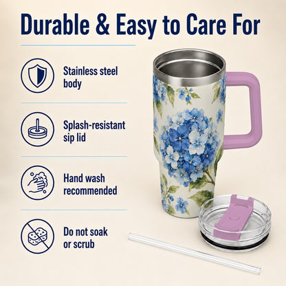 #pl[40oz|Pink] Blue Hydrangea 40oz Tumbler with Handle, Watercolor Floral Cup