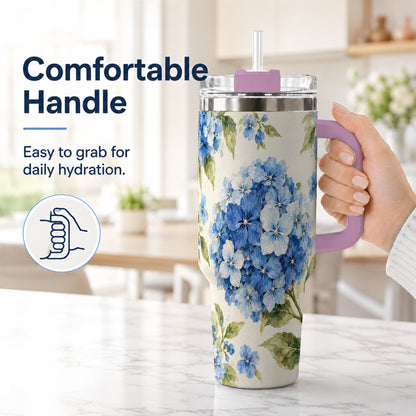 #pl[40oz|Pink] Blue Hydrangea 40oz Tumbler with Handle, Watercolor Floral Cup
