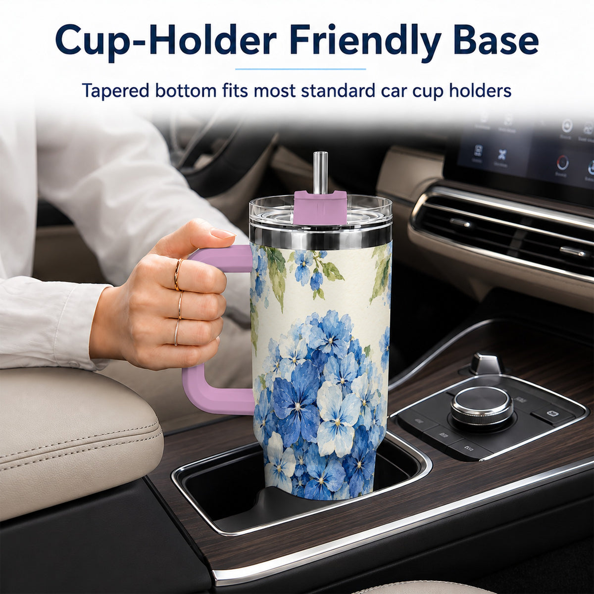 #pl[40oz|Pink] Blue Hydrangea 40oz Tumbler with Handle, Watercolor Floral Cup
