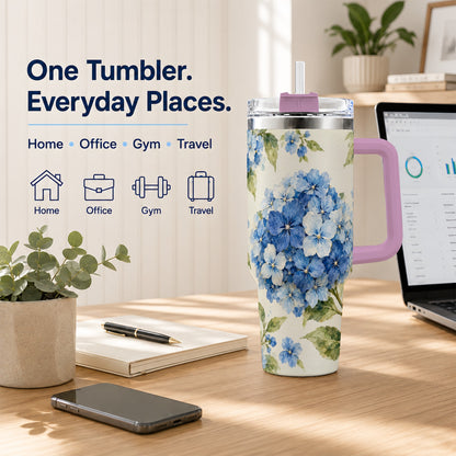 #pl[40oz|Pink] Blue Hydrangea 40oz Tumbler with Handle, Watercolor Floral Cup