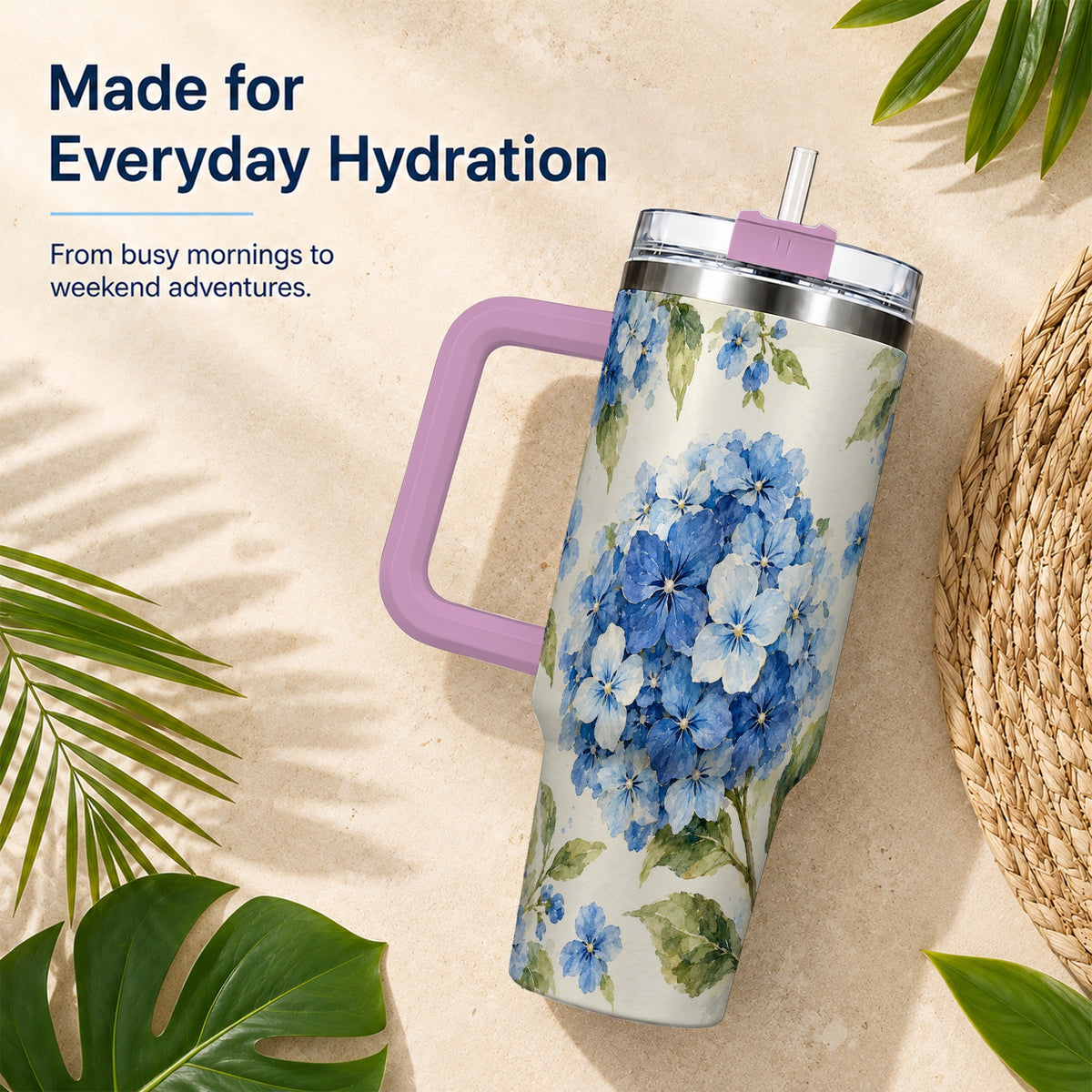 #pl[40oz|Pink] Blue Hydrangea 40oz Tumbler with Handle, Watercolor Floral Cup