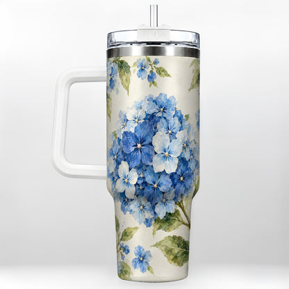Blue Hydrangea 40oz Tumbler with Handle, Watercolor Floral Cup