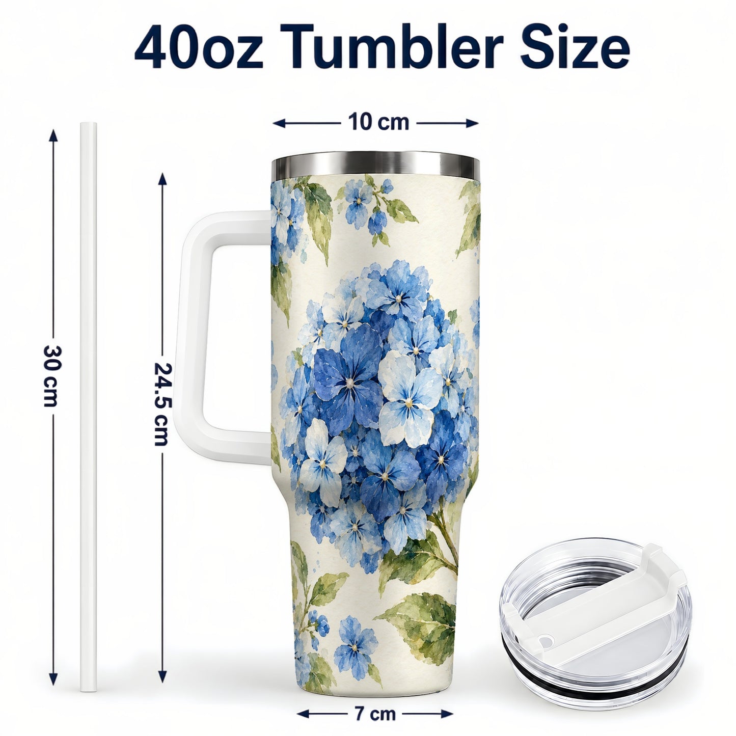 #pl[40oz|White] Blue Hydrangea 40oz Tumbler with Handle, Watercolor Floral Cup