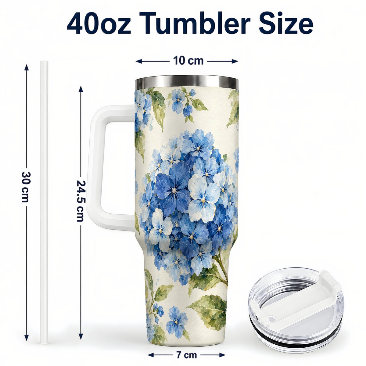 #pl[40oz|White] Blue Hydrangea 40oz Tumbler with Handle, Watercolor Floral Cup