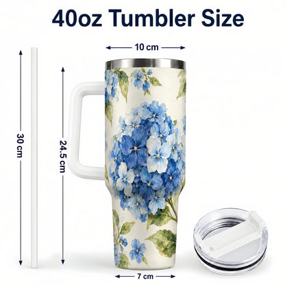 #pl[40oz|White] Blue Hydrangea 40oz Tumbler with Handle, Watercolor Floral Cup