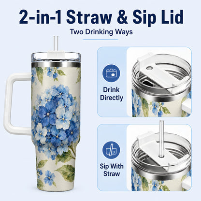 #pl[40oz|White] Blue Hydrangea 40oz Tumbler with Handle, Watercolor Floral Cup