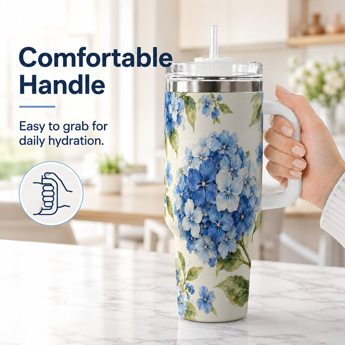 #pl[40oz|White] Blue Hydrangea 40oz Tumbler with Handle, Watercolor Floral Cup
