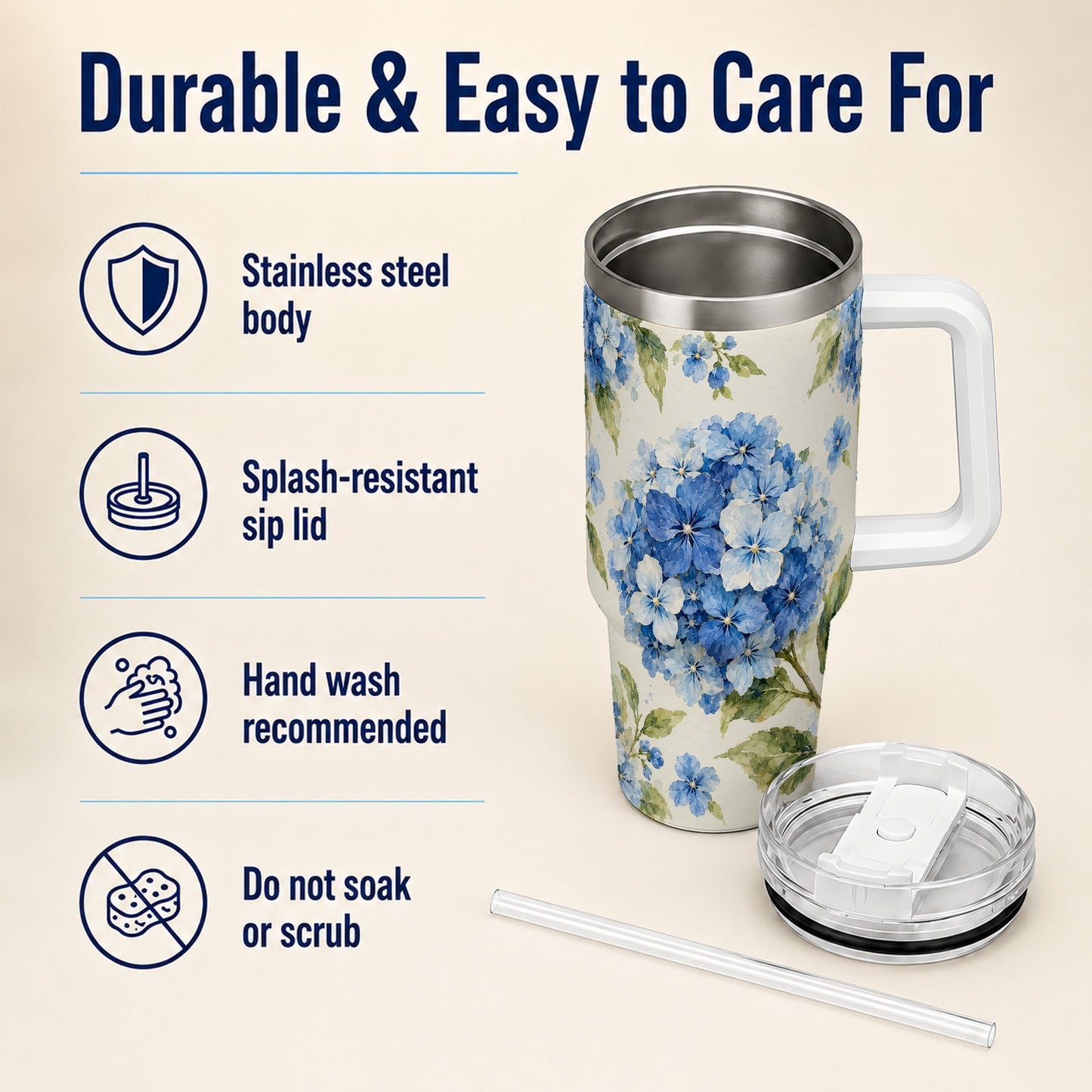 #pl[40oz|White] Blue Hydrangea 40oz Tumbler with Handle, Watercolor Floral Cup