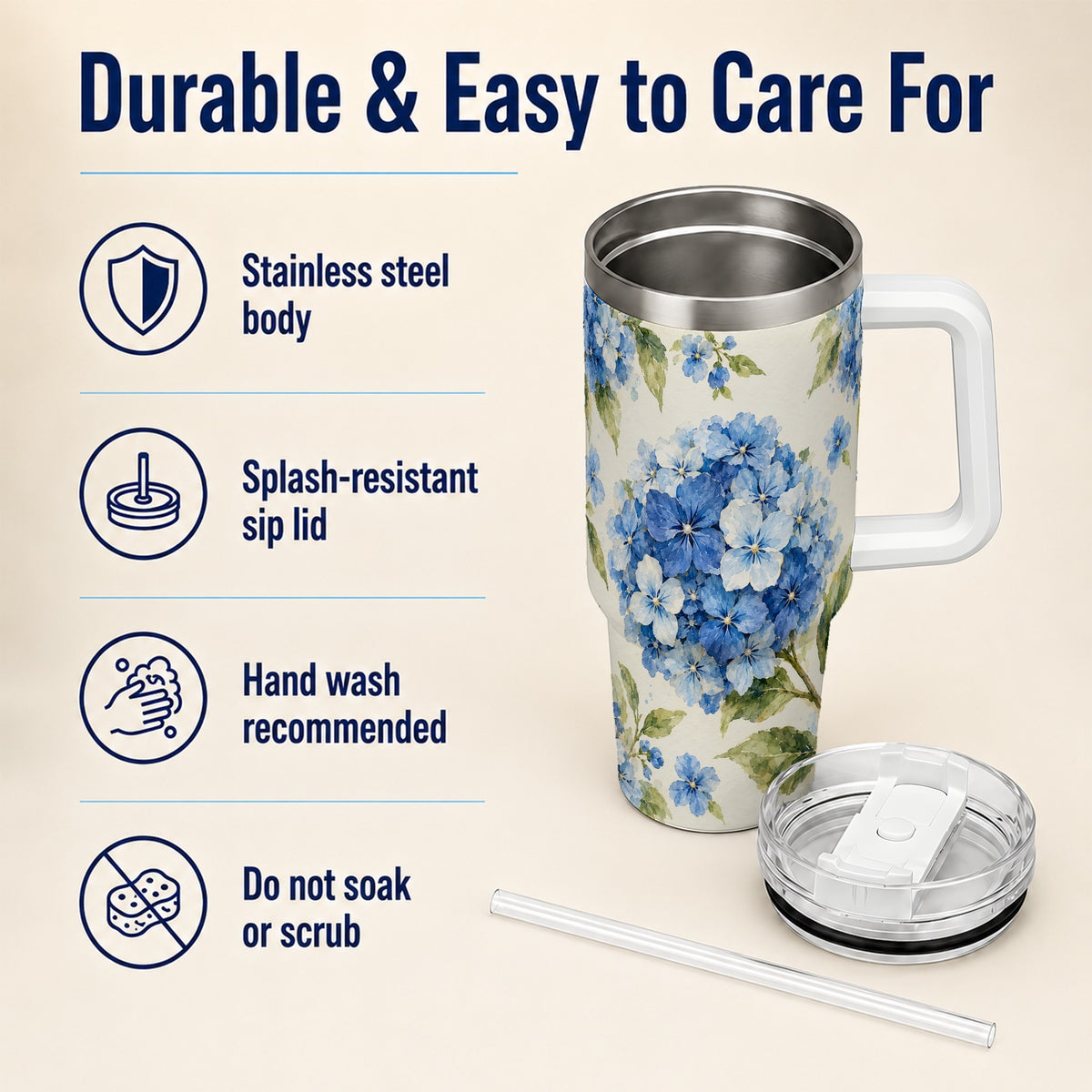 #pl[40oz|White] Blue Hydrangea 40oz Tumbler with Handle, Watercolor Floral Cup