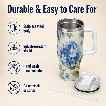 #pl[40oz|White] Blue Hydrangea 40oz Tumbler with Handle, Watercolor Floral Cup