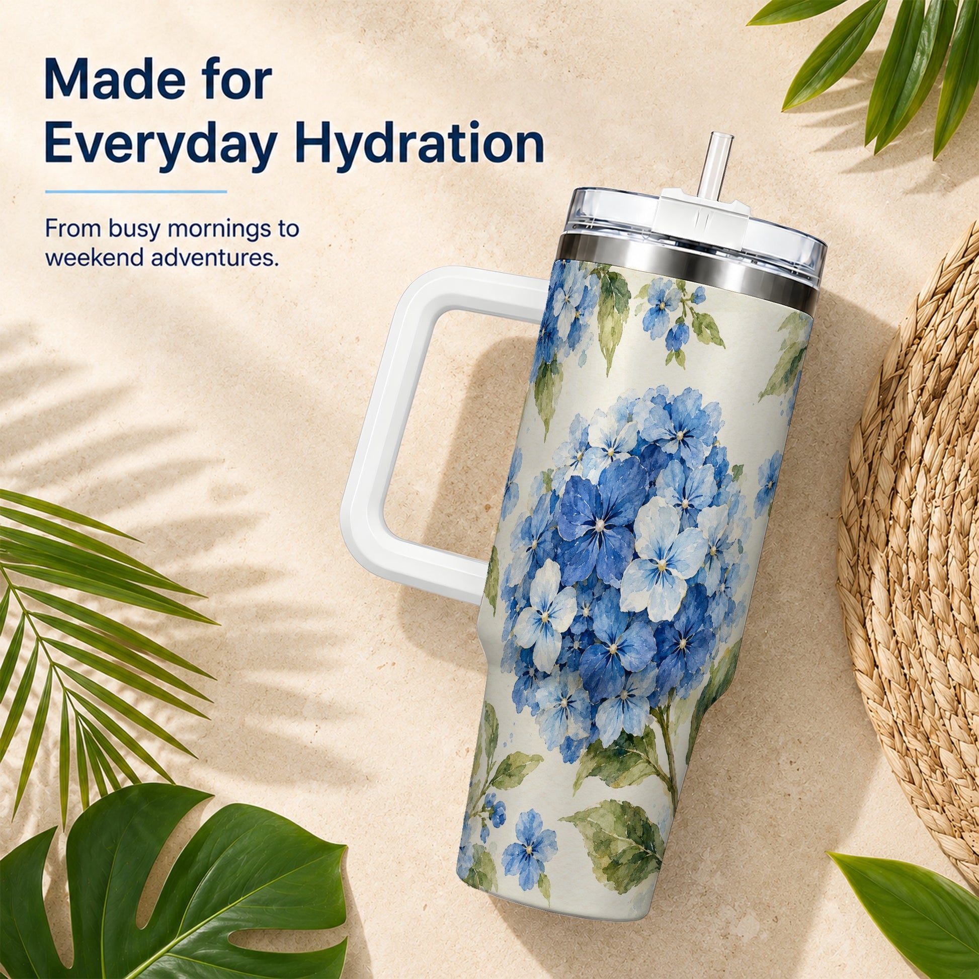 #pl[40oz|White] Blue Hydrangea 40oz Tumbler with Handle, Watercolor Floral Cup