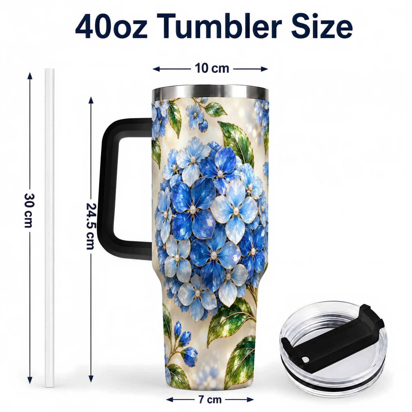 #pl[40oz|Black] Jeweled Hydrangea 40oz Tumbler with Handle, Floral Stainless Steel Cup