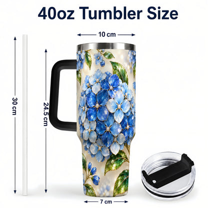 #pl[40oz|Black] Jeweled Hydrangea 40oz Tumbler with Handle, Floral Stainless Steel Cup