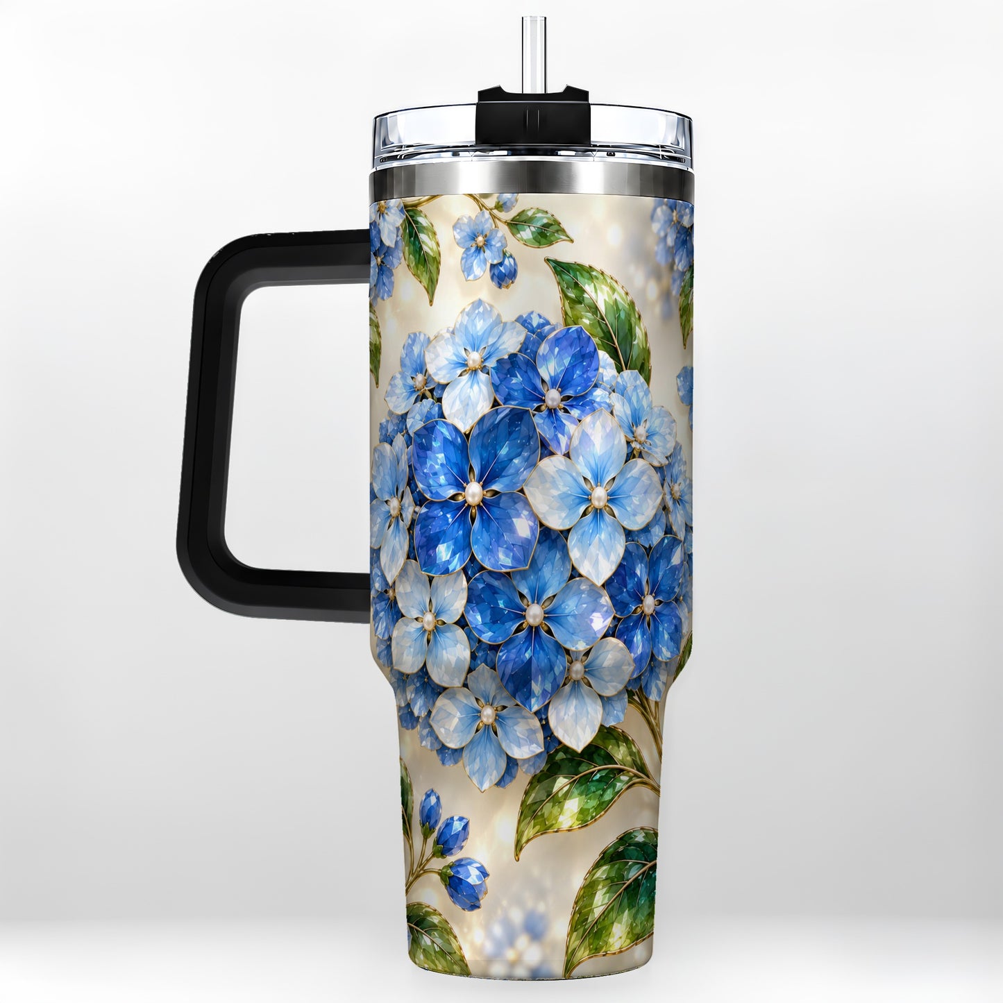 #pl[40oz|Black] Jeweled Hydrangea 40oz Tumbler with Handle, Floral Stainless Steel Cup