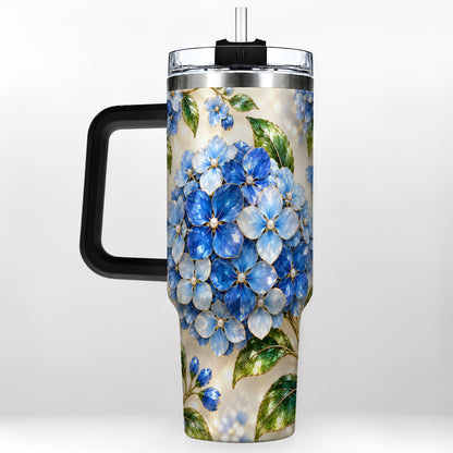 #pl[40oz|Black] Jeweled Hydrangea 40oz Tumbler with Handle, Floral Stainless Steel Cup
