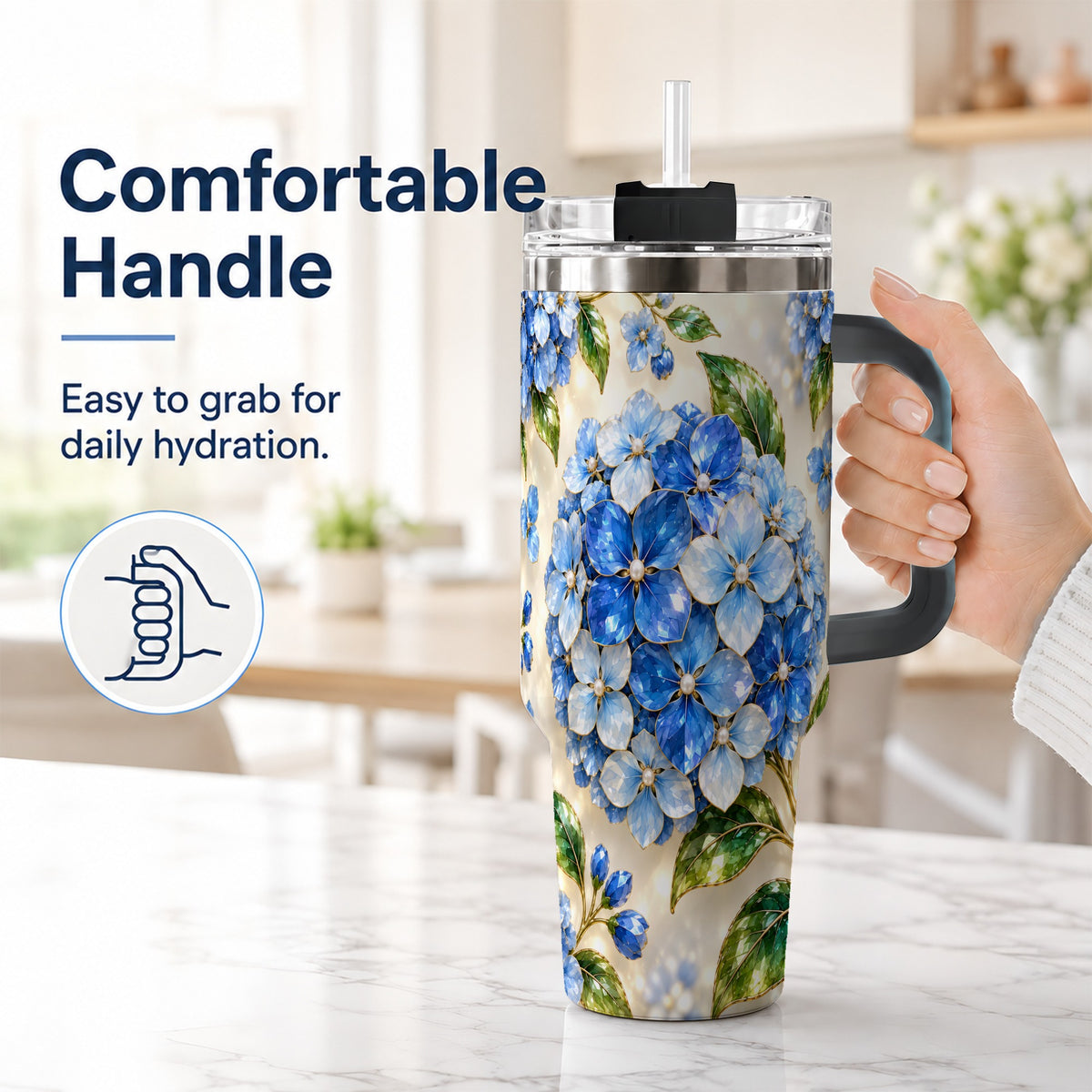 #pl[40oz|Black] Jeweled Hydrangea 40oz Tumbler with Handle, Floral Stainless Steel Cup