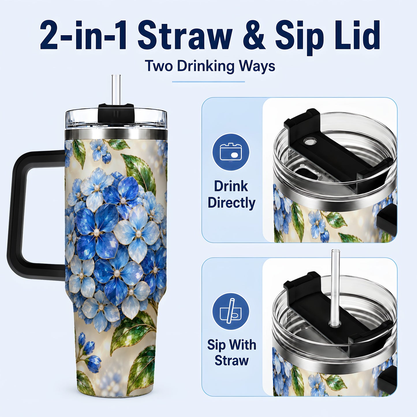 #pl[40oz|Black] Jeweled Hydrangea 40oz Tumbler with Handle, Floral Stainless Steel Cup