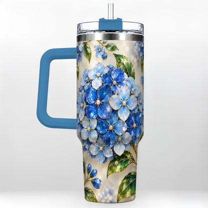 #pl[40oz|Blue] Jeweled Hydrangea 40oz Tumbler with Handle, Floral Stainless Steel Cup