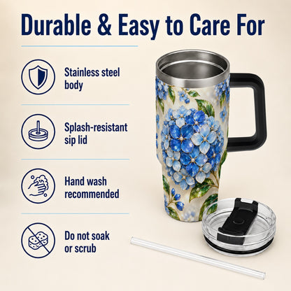 #pl[40oz|Black] Jeweled Hydrangea 40oz Tumbler with Handle, Floral Stainless Steel Cup