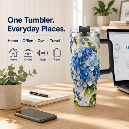 #pl[40oz|Black] Jeweled Hydrangea 40oz Tumbler with Handle, Floral Stainless Steel Cup