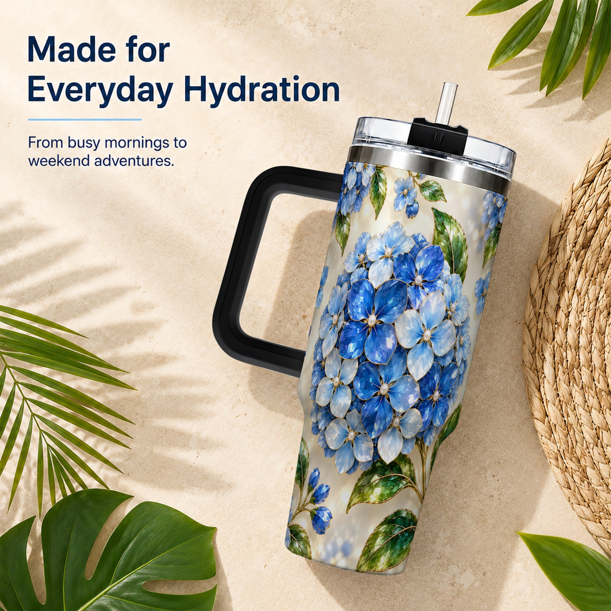 #pl[40oz|Black] Jeweled Hydrangea 40oz Tumbler with Handle, Floral Stainless Steel Cup